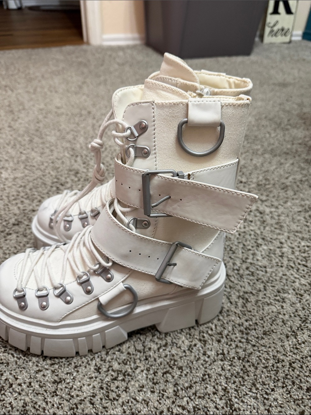 Dolls Kill White Combat Moto Boots with Buckle Straps - Picture 2 of 3
